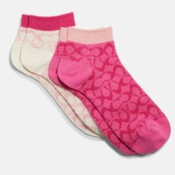 Coach Two Pairs of Signature Ankle Socks Pink And Chalk Women's Shoe Sizes 5-10 - Picture 1 of 5